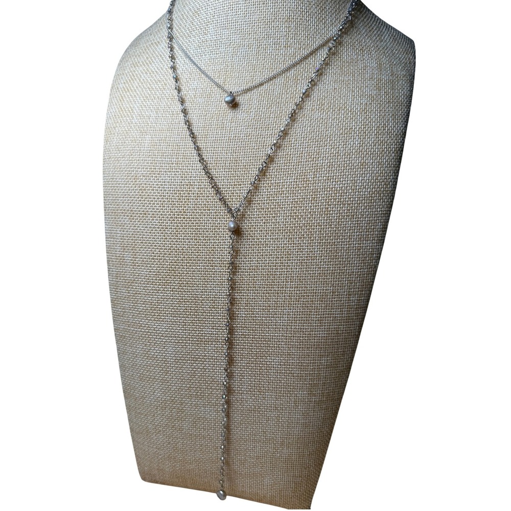 Ann Taylor Silver Grey Faux Pearl Beaded Layered Lariat Necklace Dark Academia